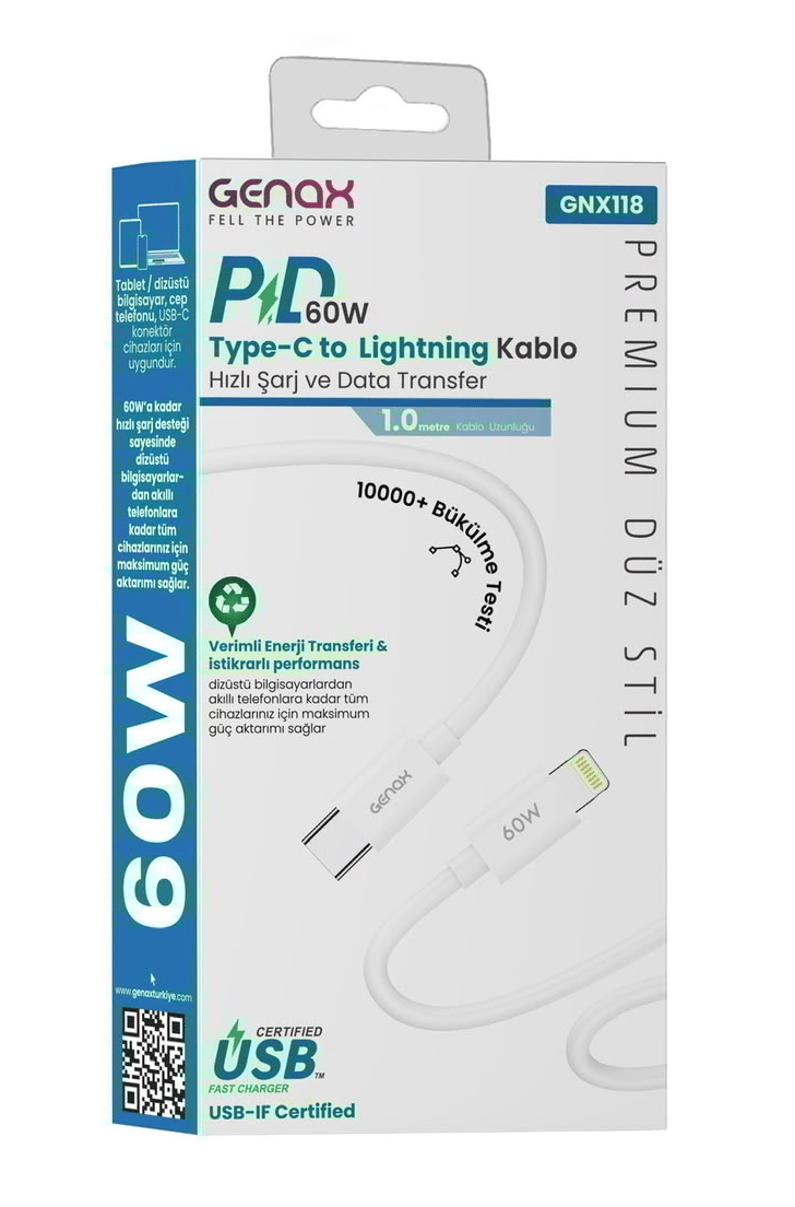 Genax GNX118 Premium Düz Stil PD 60W Type-C to Lightning Hızlı Şarj ve Data Kablosu (1.0m)