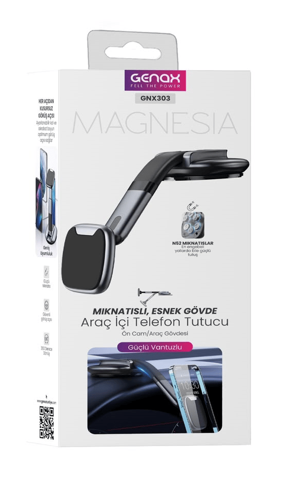 Genax GNX303 Magnesia Mıknatıslı Esnek Gövde Araç İçi Telefon Tutucu (Ön Cam / Torpido)