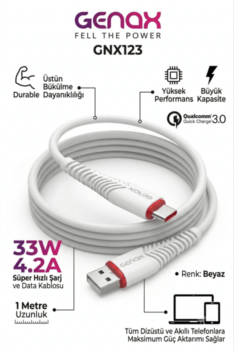 Toptan USB Type-C Hızlı Şarj Kablosu 1 Metre 33W 4.2A