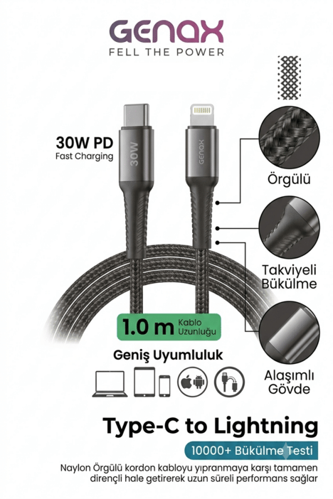 Toptan Type-C Lightning Örgülü Kablo 30W