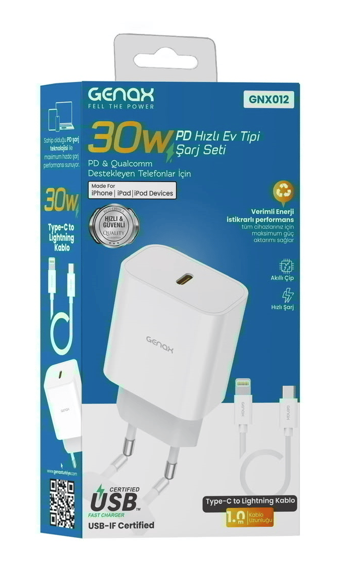 Type-C to Lightning 30W PD Hızlı Şarj Seti Kablolu Genax GNX012