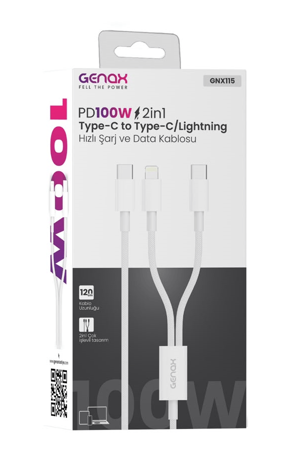Type-C to Type-C / Lightning Örgülü Hızlı Şarj ve Data Kablosu PD 100W 2'si 1 Arada (120 cm)