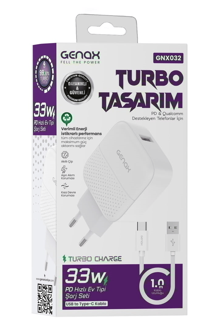 Type-C Turbo Şarj Cihazı Seti 33W PD Hızlı Ev Tipi Şarj Seti (USB to Type-C Kablolu - 1 Metre)