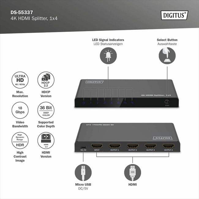 Digitus HDMI Çoklayıcı (1 Giriş 4 Çıkış)
