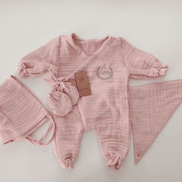 İsme Özel Müslin Hastane Çıkışı – 4lü Bebek Seti | Pembe