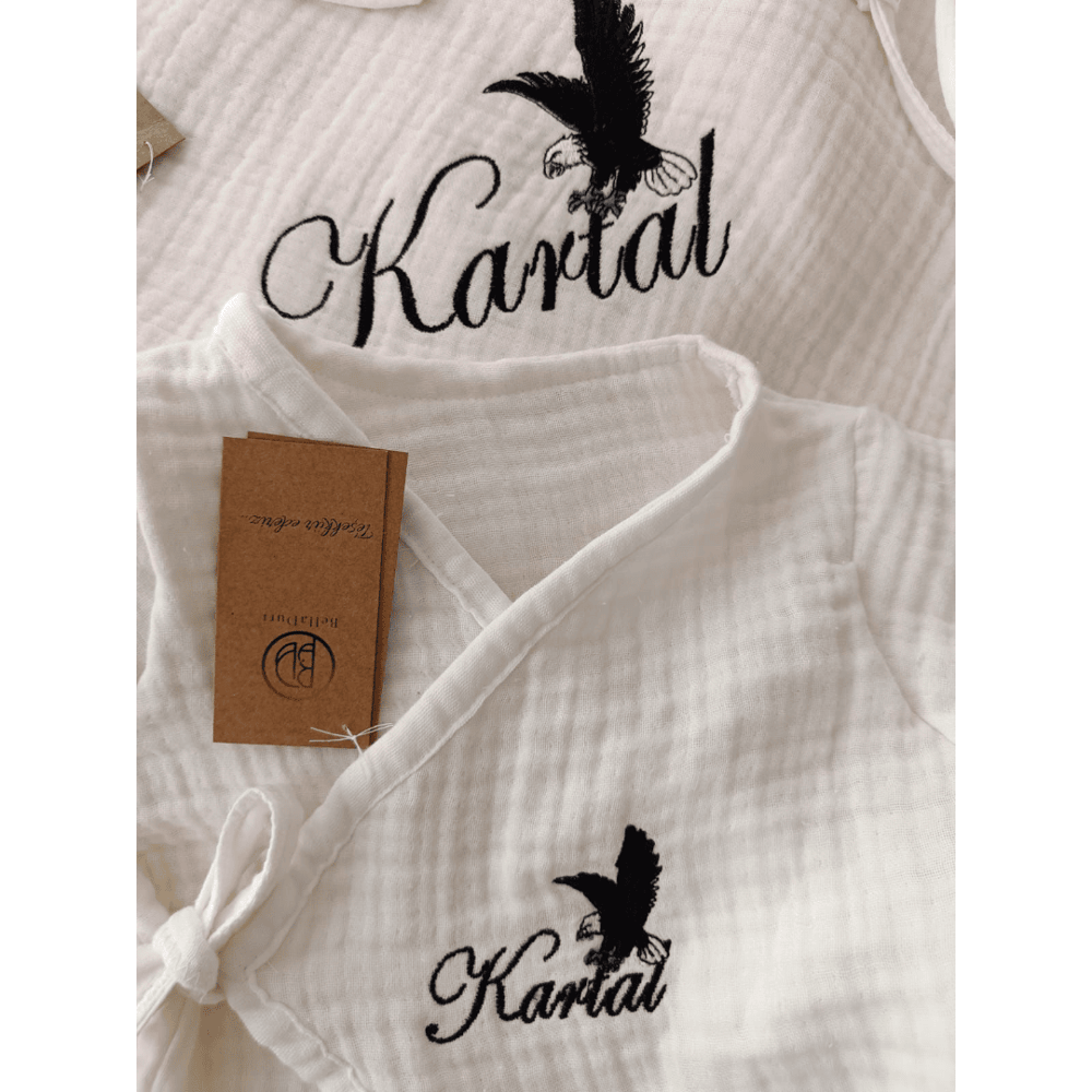 Kartal Nakışlı İsme Özel 6 Parça Müslin Hastane Çıkışı Seti – Ekru