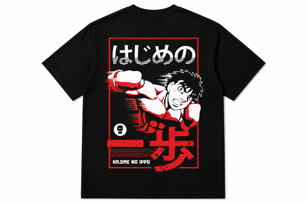 Hajime no Ippo Anime Baskılı Oversize Siyah Tişört – Unisex