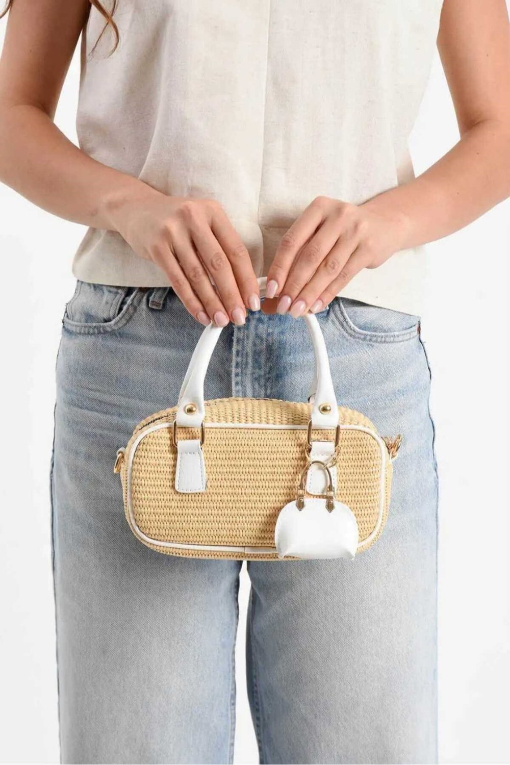 Kadın Hasır El ve Kol Omuz Çantası Beyaz