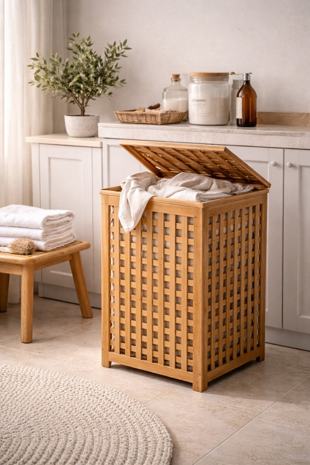 Bambu Kapaklı Kirli Çamaşır Sepeti Banyo Düzenleyici Modern Şık Tasarım Organizer