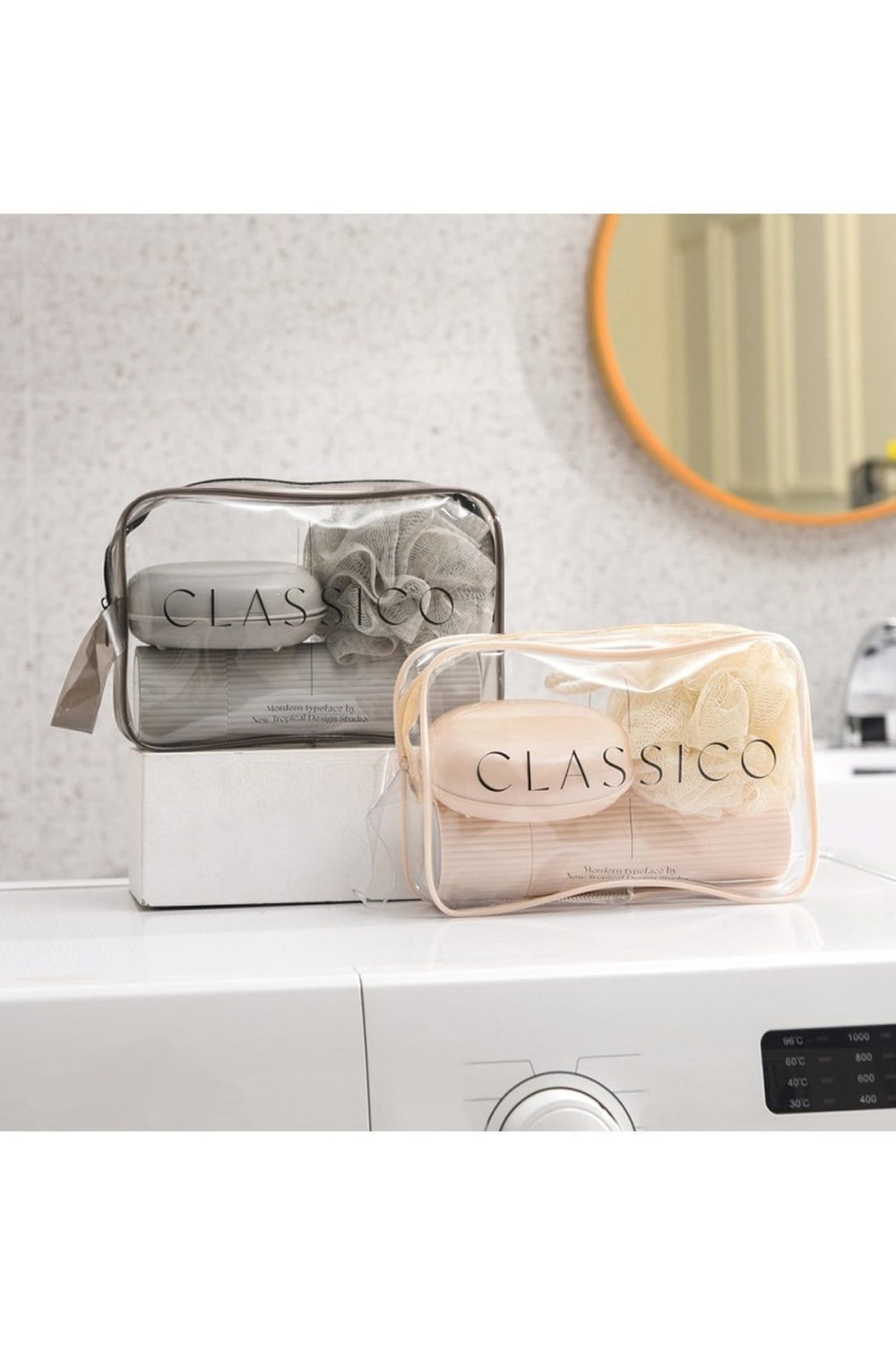CLASSİCO Seyahat Seti Banyo Seti | Duş Lifi, Sabunluk, Tarak & Ayna Kapaklı Makyaj Kutusu