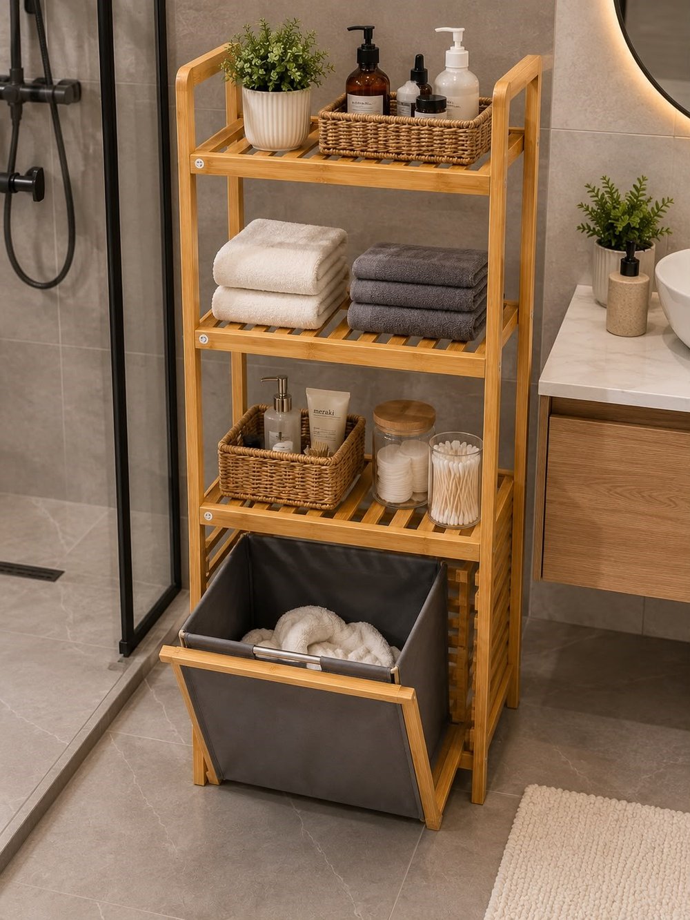 Dilay Home Bambu Raflı Banyo Düzenleyici ve Çamaşır Sepeti