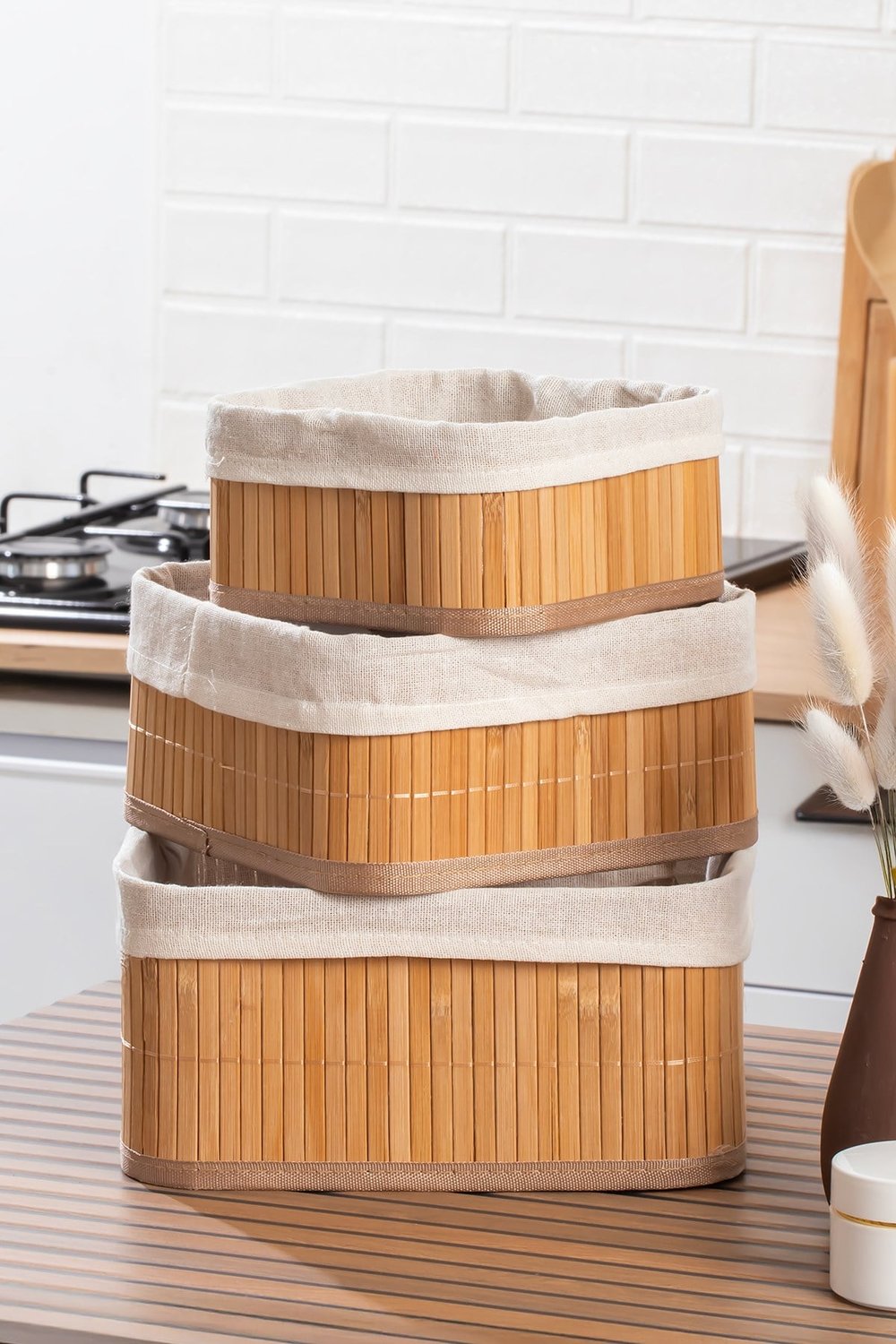 Kare 3lü Pinterest Sepet Bambu Sepet seti Dekoratif Banyo Mutfak Düzenleyici Organizeri