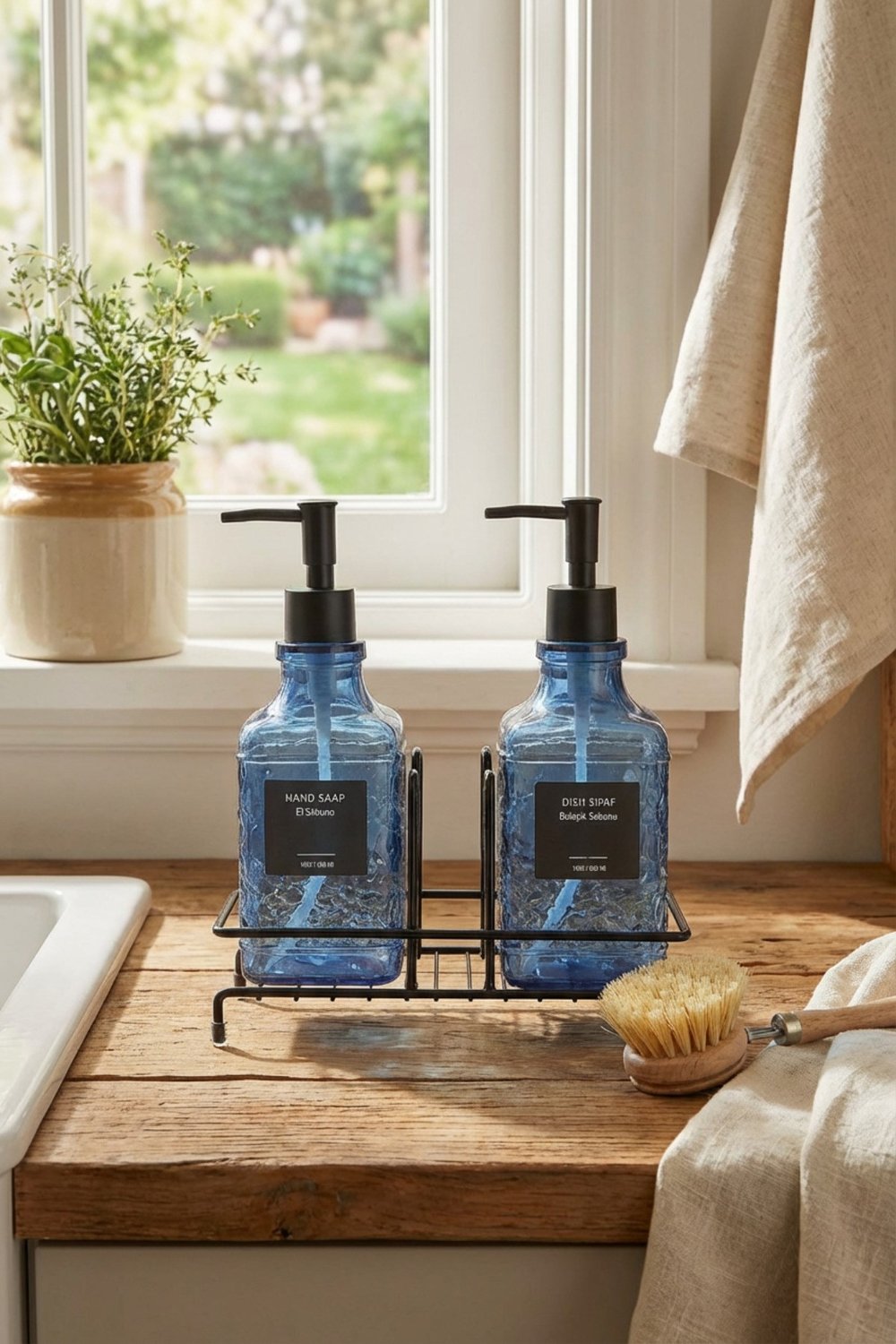 Modern Cam Sıvı Sabunluk & Deterjanlık Seti-500 ml Cam Sabunluk, Metal Stand'lı