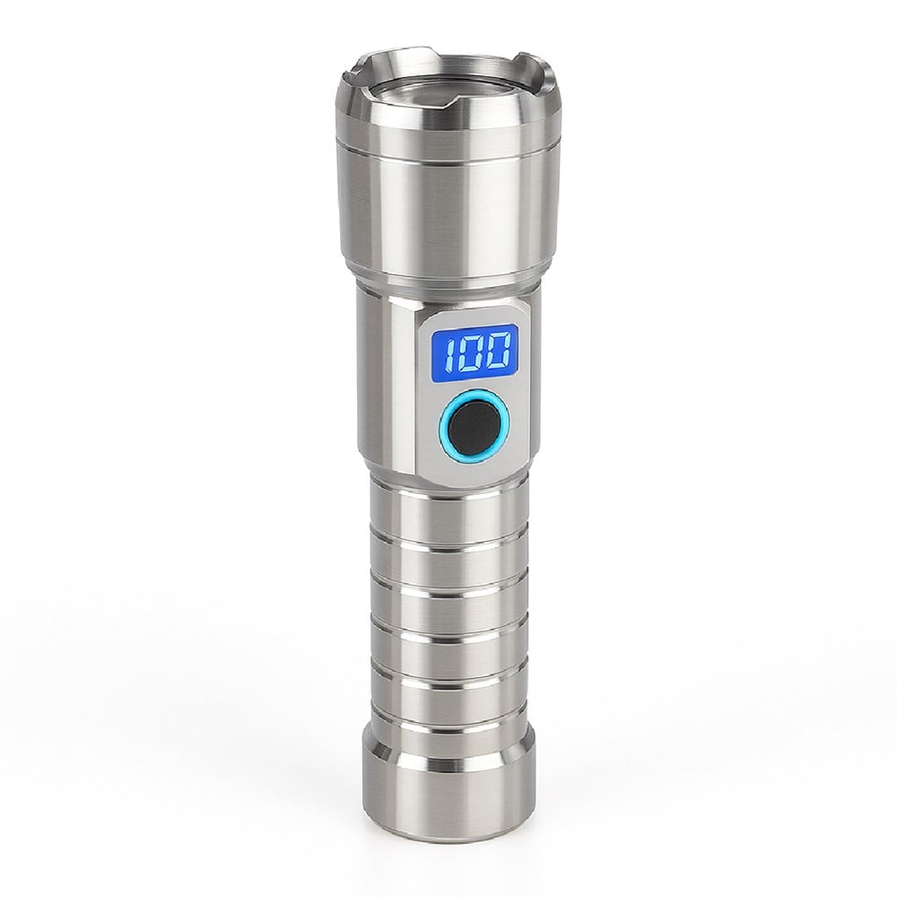 Hepu HP-M06 Uzun Menzilli LED Metal Fener – Powerbank Özellikli, Zoom Odaklı, Dijital Ekranlı, USB Giriş-Çıkışlı