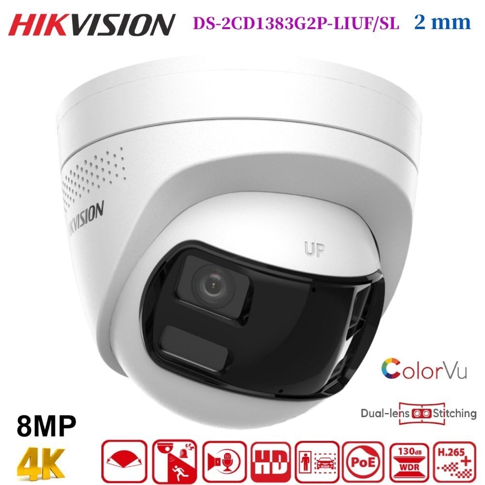 Hikvision DS-2CD1383G2P-LIUF/SL 8MP 2mm Dual Lens 30mt IR 180° Dome IP Kamera