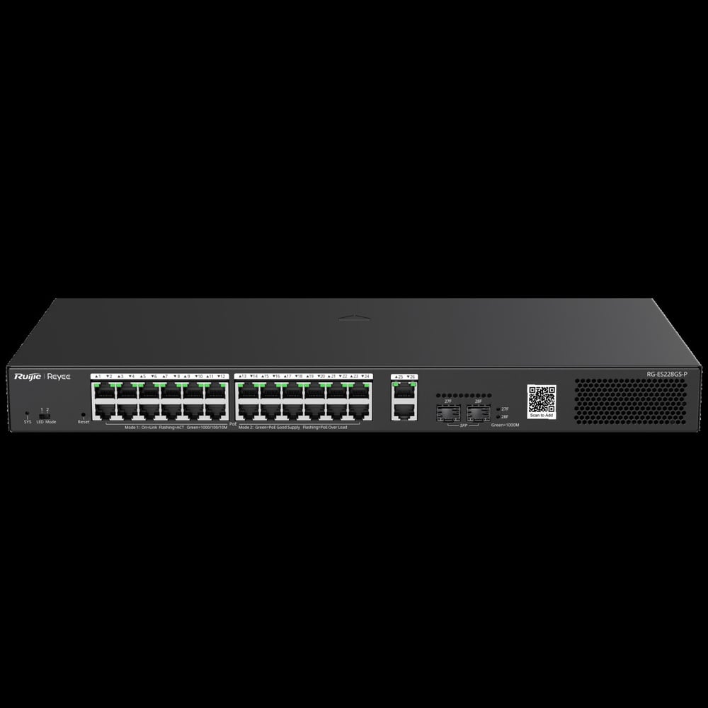 Ruijie Reyee RG-ES228GS-P 28 Portlu, 10/100/1000 Gigabit, Yönetilebilir Switch, 2 SFP, 2 Gigabit RJ45 Uplink, 24 Port PoE+ (370W)
