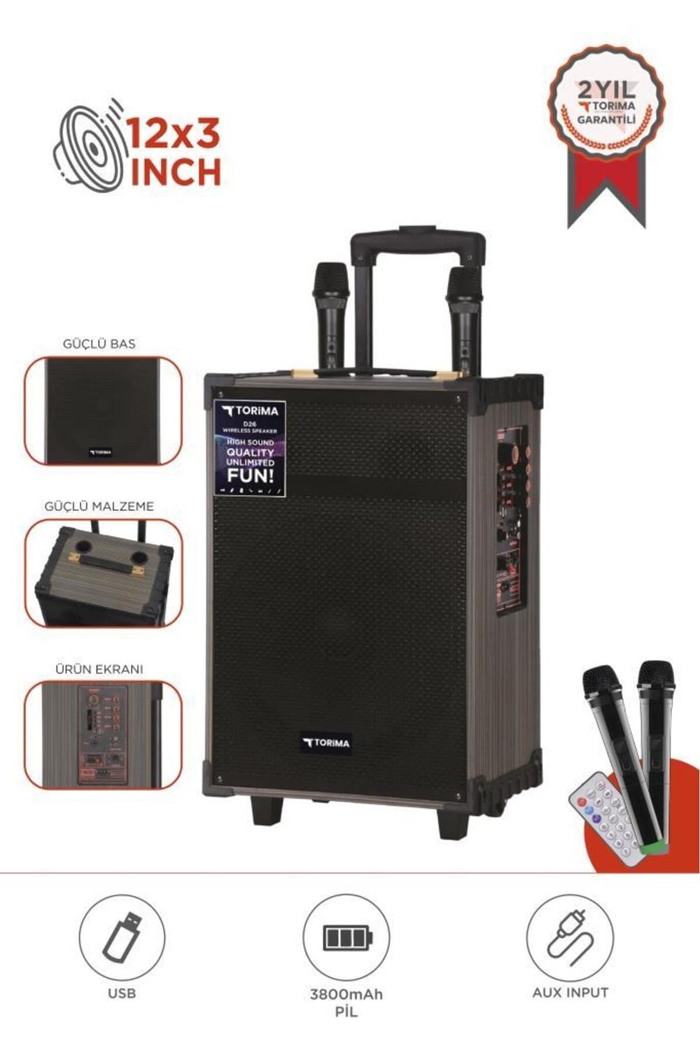 Torima D46 Kahverengi Usb, Tf, Bt, Tws, Fm Çift Mikrofonlu Hoparlör Parti Speaker