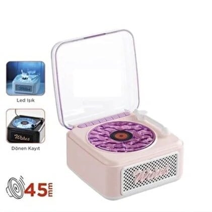 Torima D61 Sarı Mini Nostalji Plak Görünüm Dekor Waves Bluetooth Işıklı Müzik Çalar Saat Tf Kart Aux Özellikli