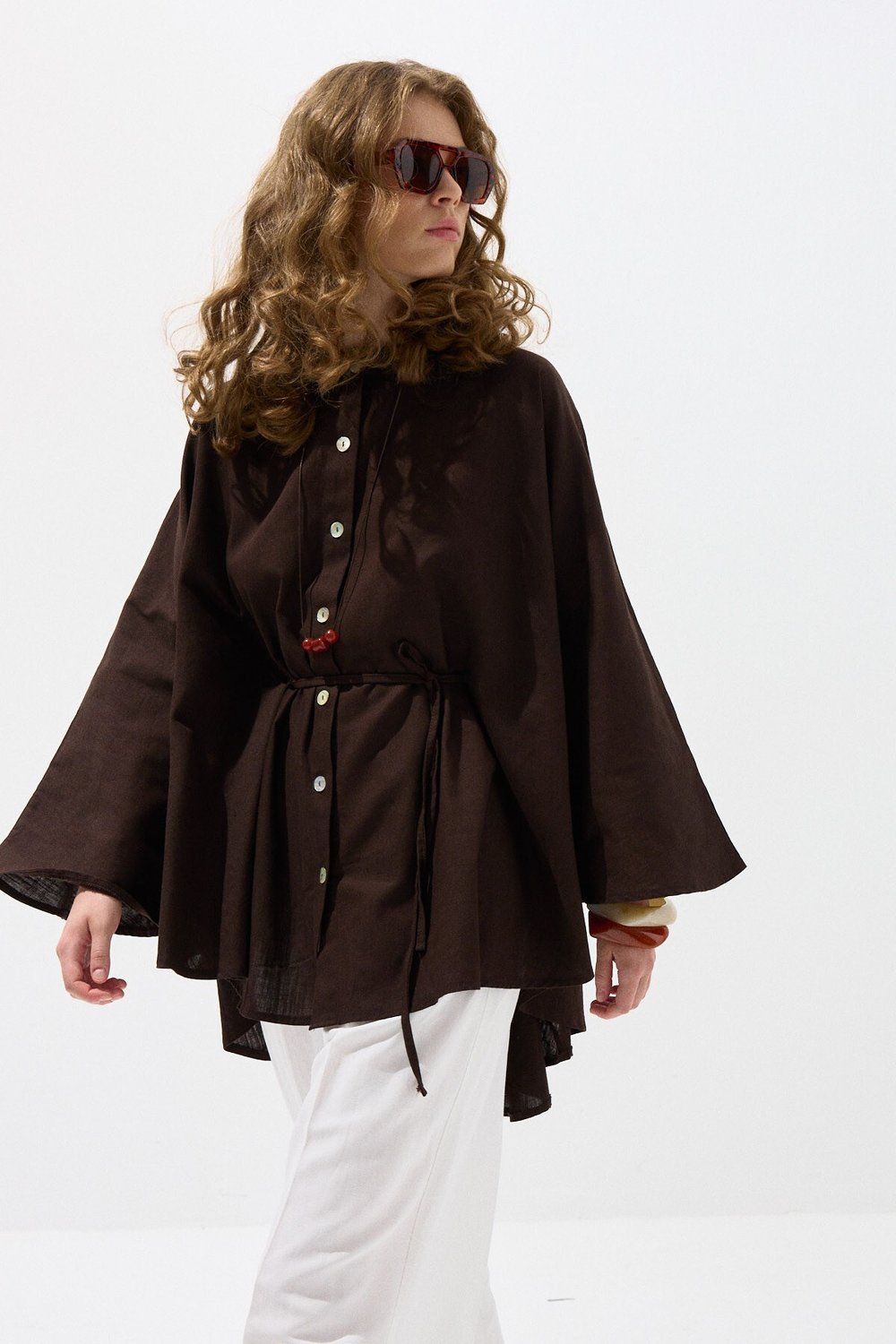 Acı Kahve Dökümlü Pelerin Model Oversize Gömlek