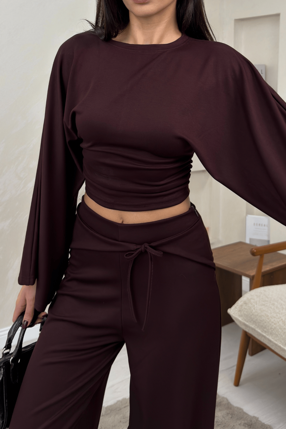 Alice Bordo Renkli Yarasa Kol Crop Bluz Genis Paca Pantolon Takim