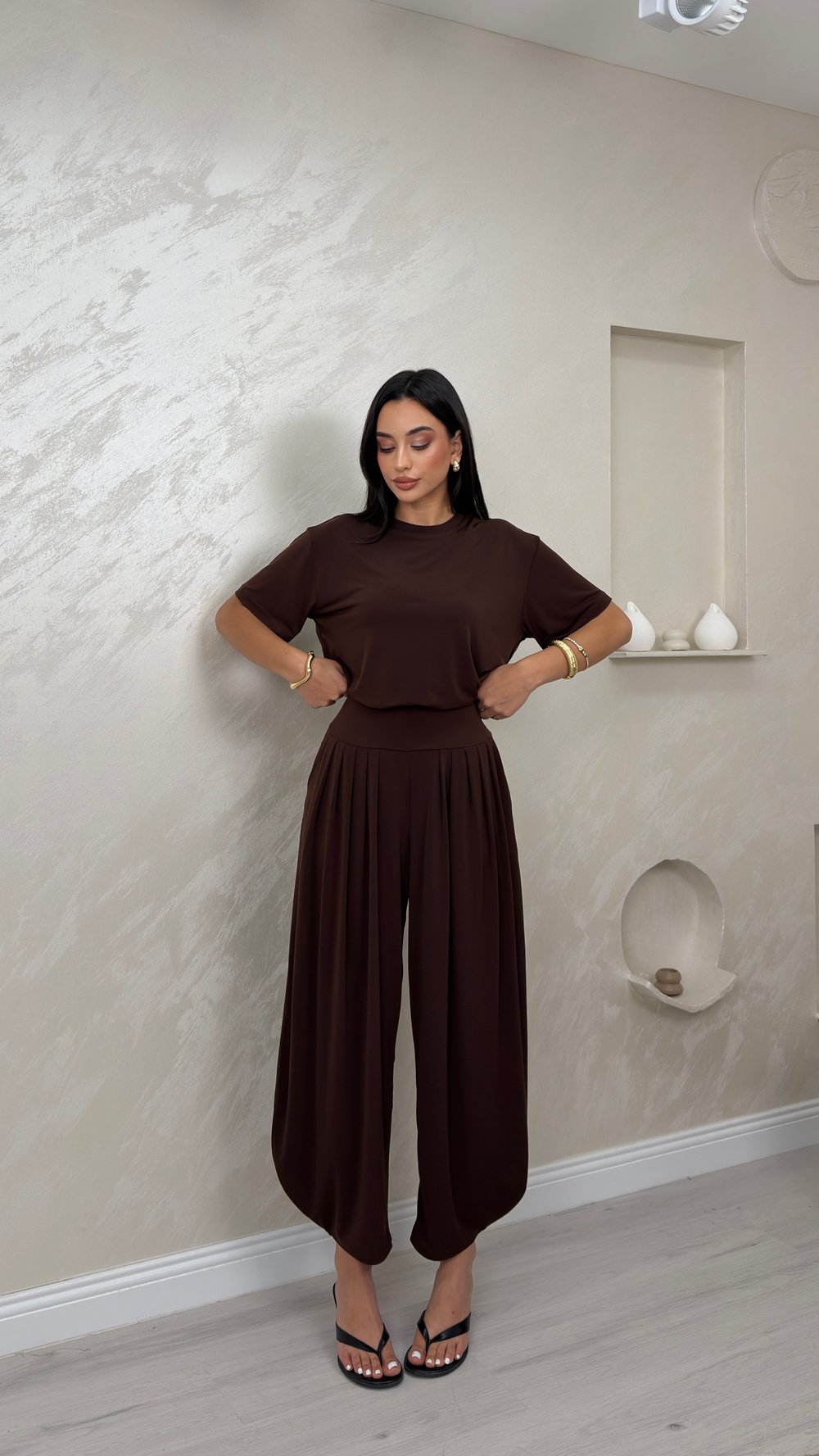 Lena Kahve Renkli Lux Alt Üst Kadın Şalvar Takım