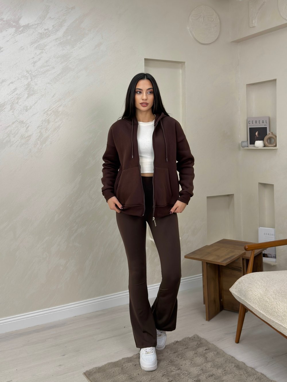 Rhonda Kahve Renkli Fermuarlı Kadın Kapşonlu Sweatshirt