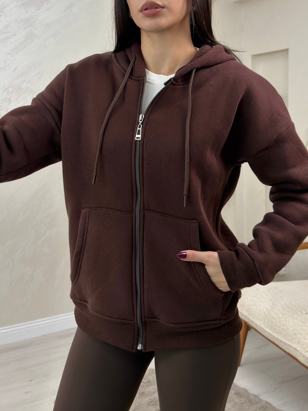 Rhonda Kahve Renkli Fermuarlı Kadın Kapşonlu Sweatshirt