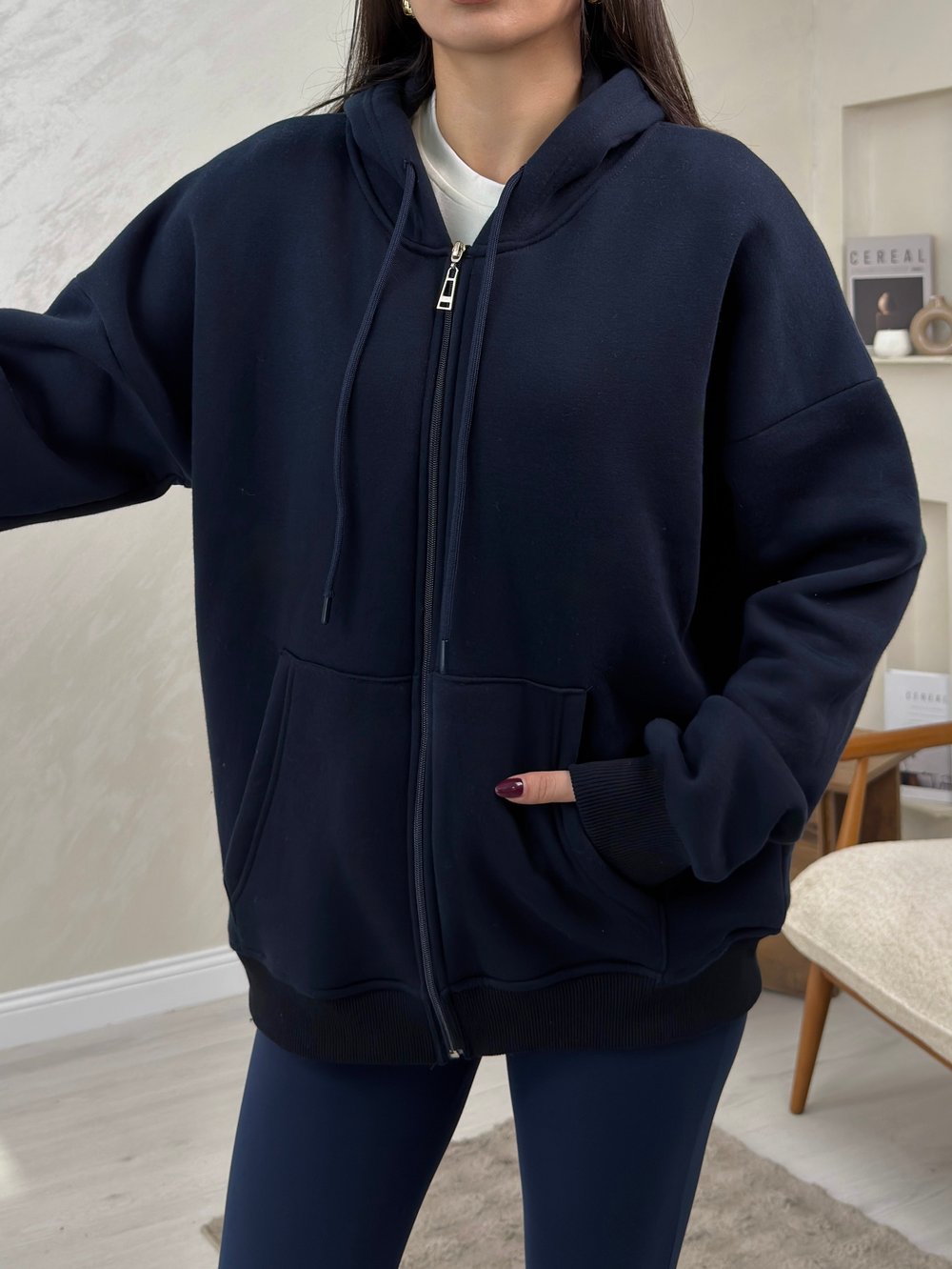 Rhonda Lacivert Renkli Fermuarlı Kadın Kapşonlu Sweatshirt