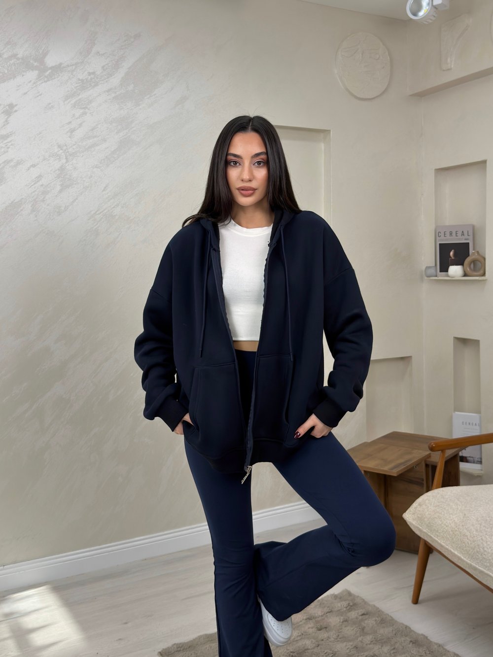 Rhonda Lacivert Renkli Fermuarlı Kadın Kapşonlu Sweatshirt