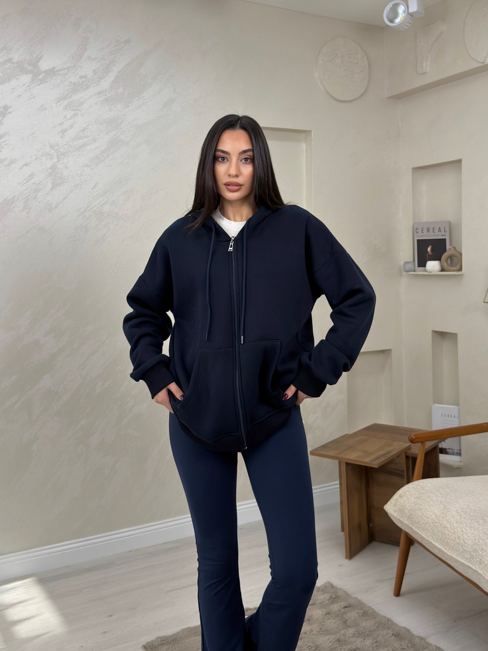 Rhonda Lacivert Renkli Fermuarlı Kadın Kapşonlu Sweatshirt