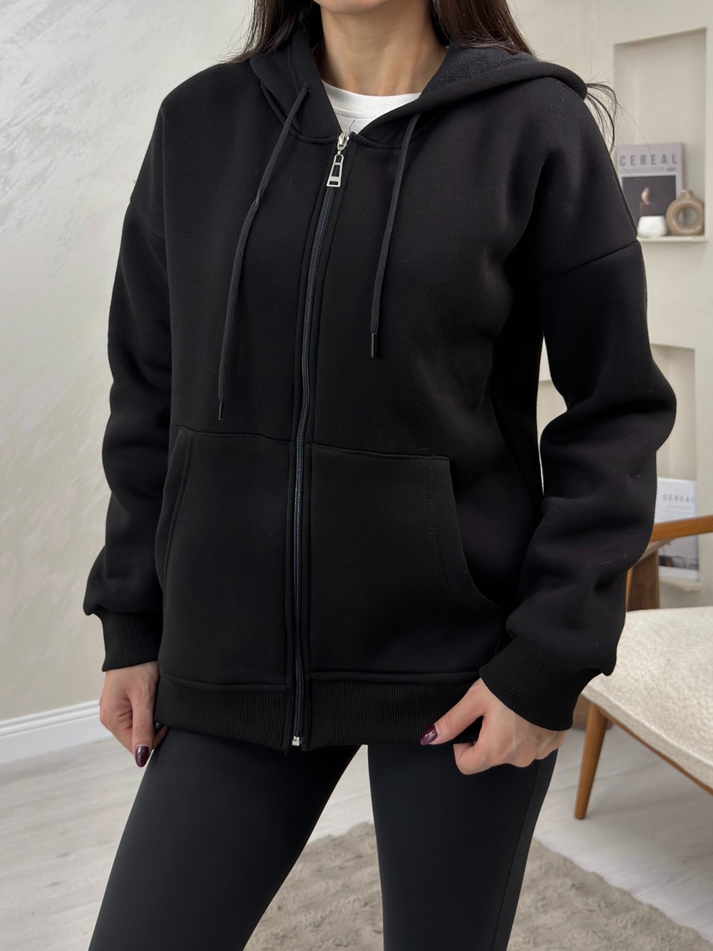 Rhonda Siyah Renkli Fermuarlı Kadın Kapşonlu Sweatshirt