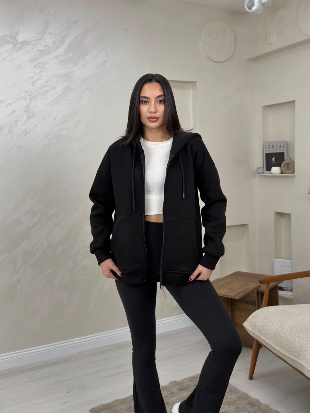 Rhonda Siyah Renkli Fermuarlı Kadın Kapşonlu Sweatshirt