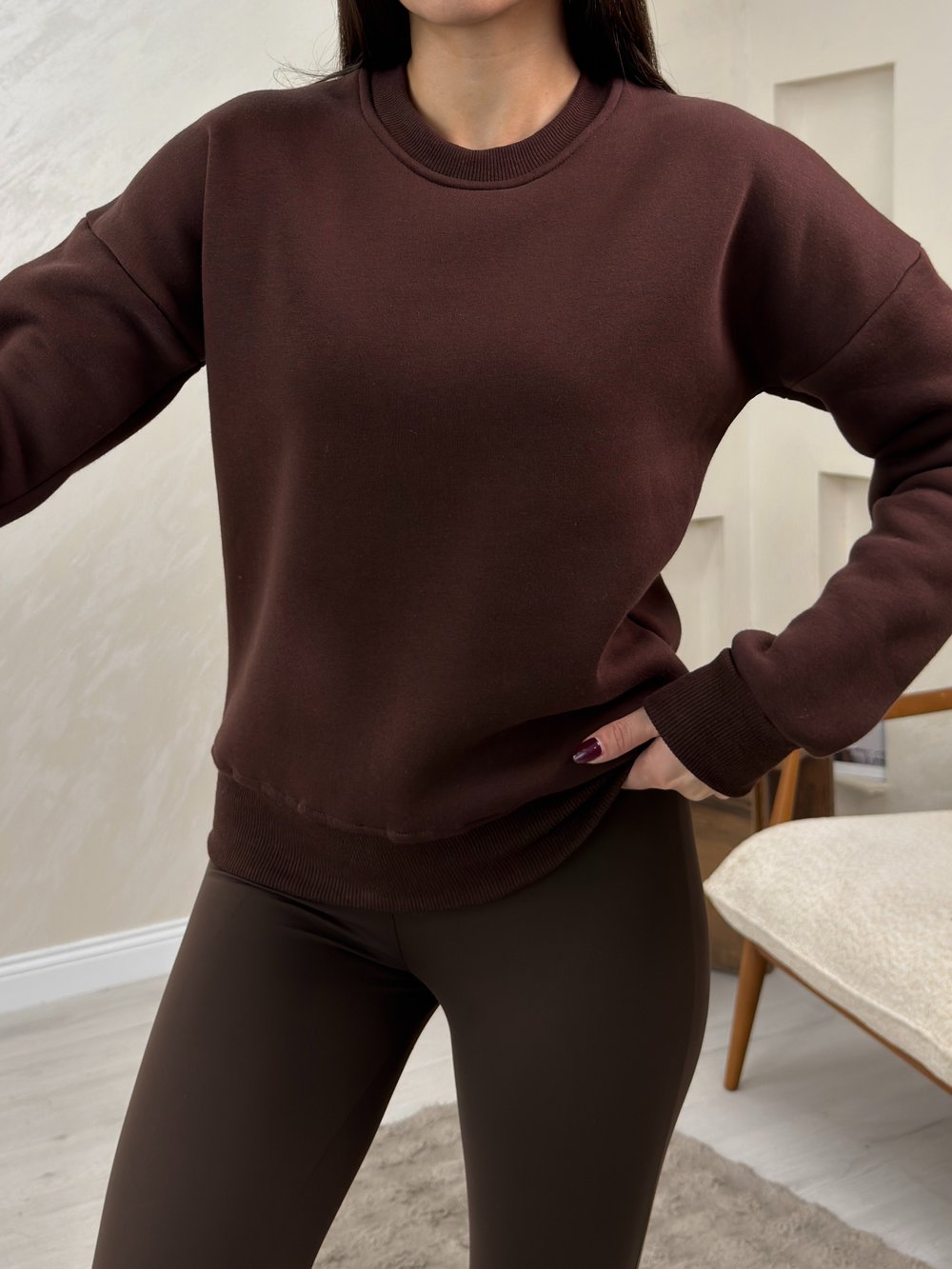 Willow Kahve Renkli Yuvarlak Yaka Kadın Sweatshirt
