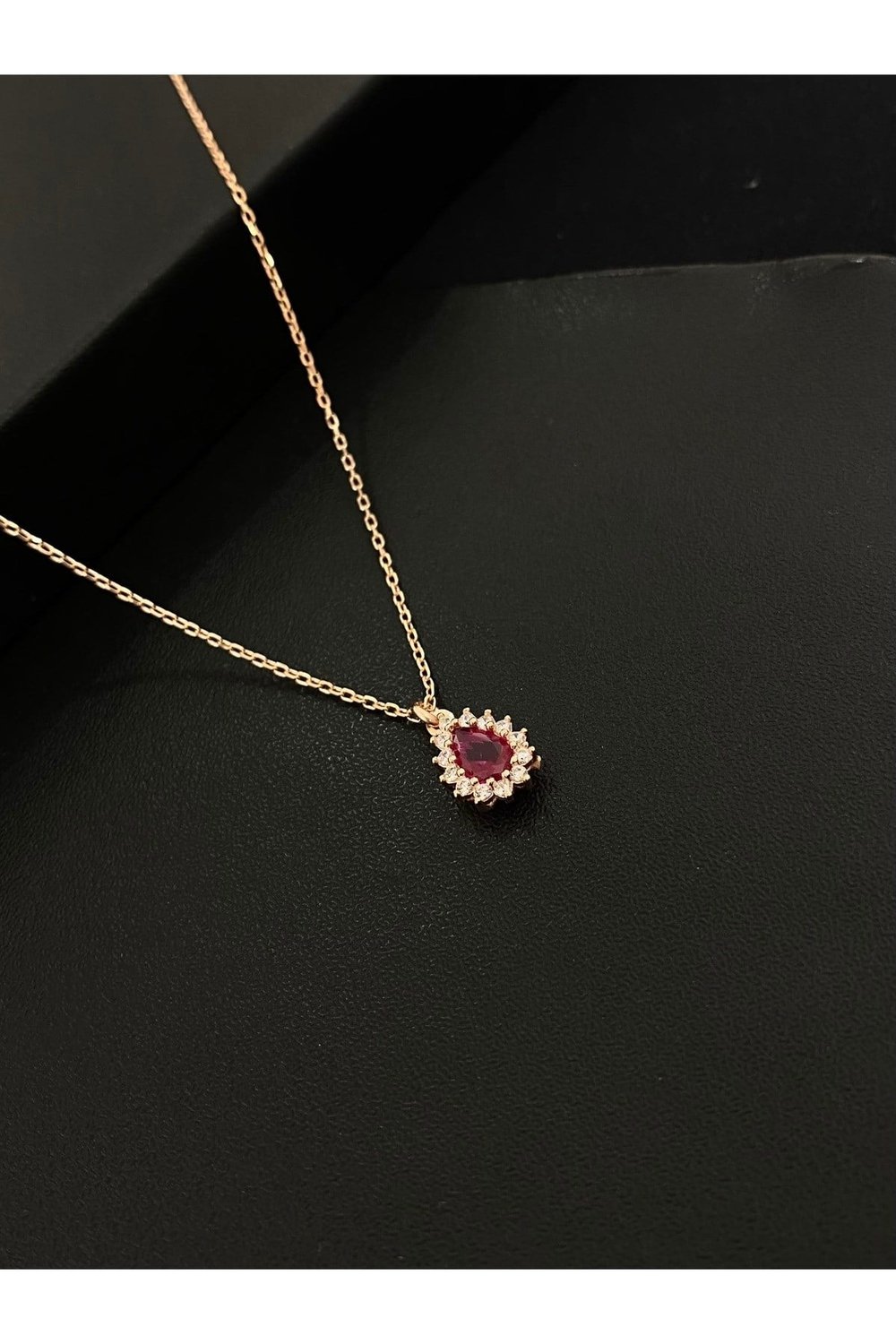 925 Ayar Gümüş Rose Kaplama Kırmızı Damla Modeli Kadın Gümüş Kolye (40+5CM) (Rose)