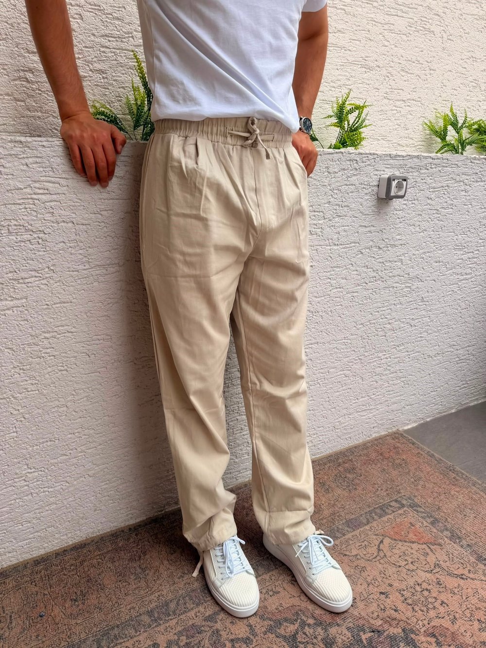KREM VNC BAGGY PAÇA BAĞLAMALI BEL LASTİKLİ PANTOLON