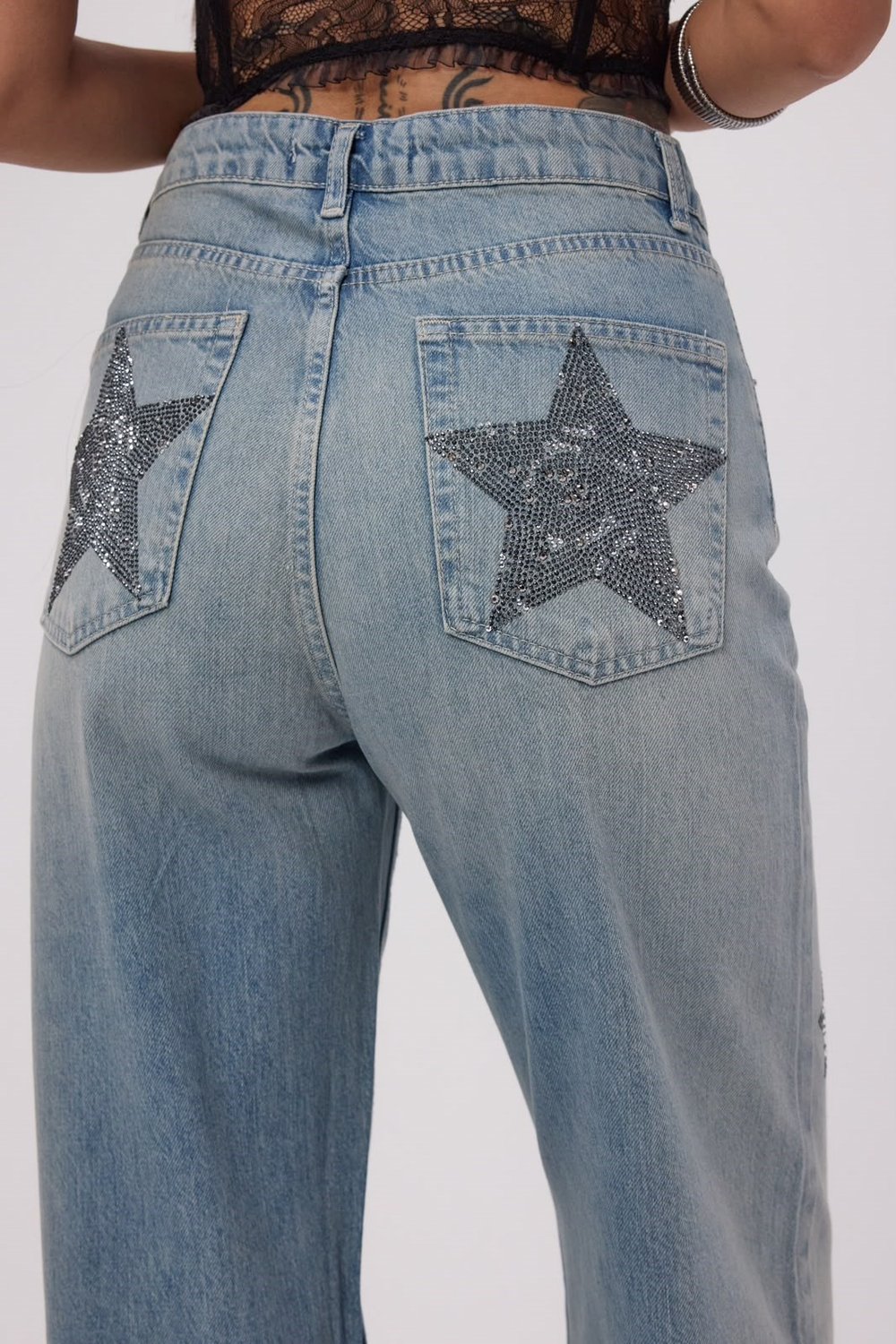 Taşlı Yıldız Detaylı Geniş Paça Kot Pantolon - MAVİ