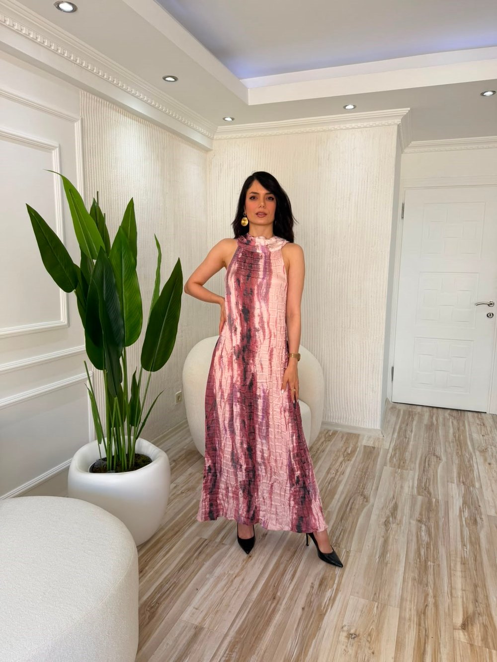 26-1YB1828 - DE251059 QU STYLE KRAŞLI DÜĞMELİ ELBİSE - PEMBE