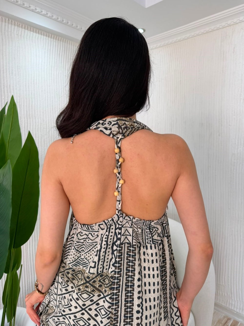 Halter Yaka Etnik Desenli Maxi Boy Yazlık Elbise - BEJ