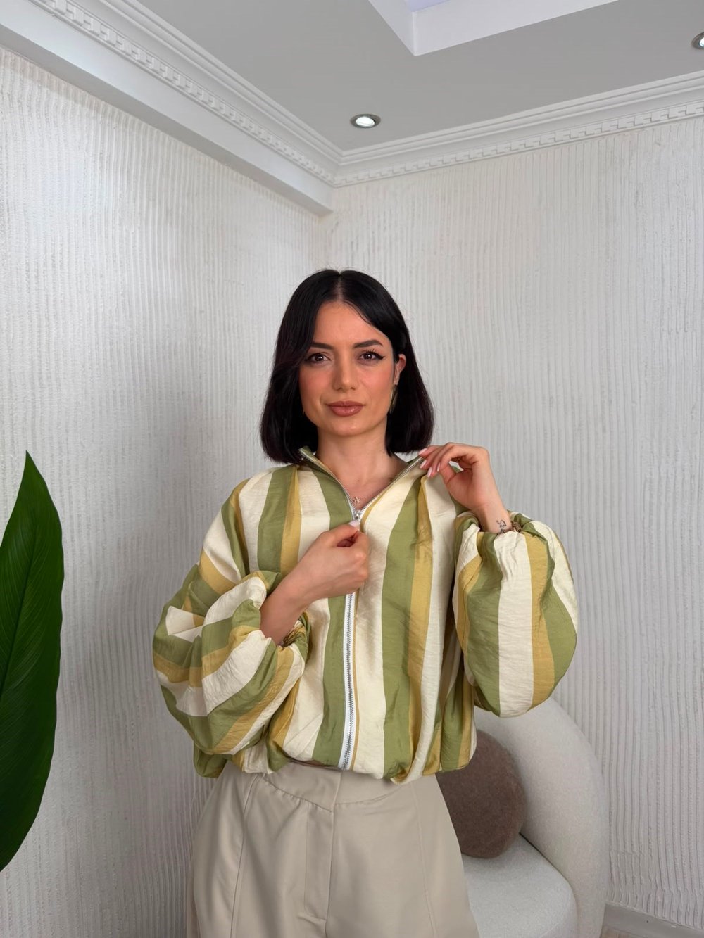 Çizgili Fermuarlı Crop Bomber Ceket - YEŞİL
