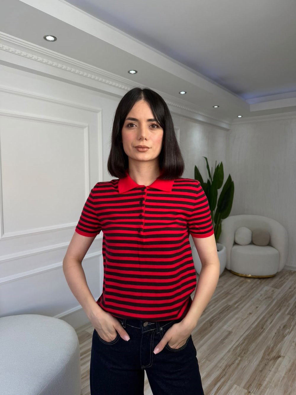 26-2KB0183 - 4841 NİSAN POLO YAKA KISA KOL ÇİZGİLİ KAZAK - KIRMIZI