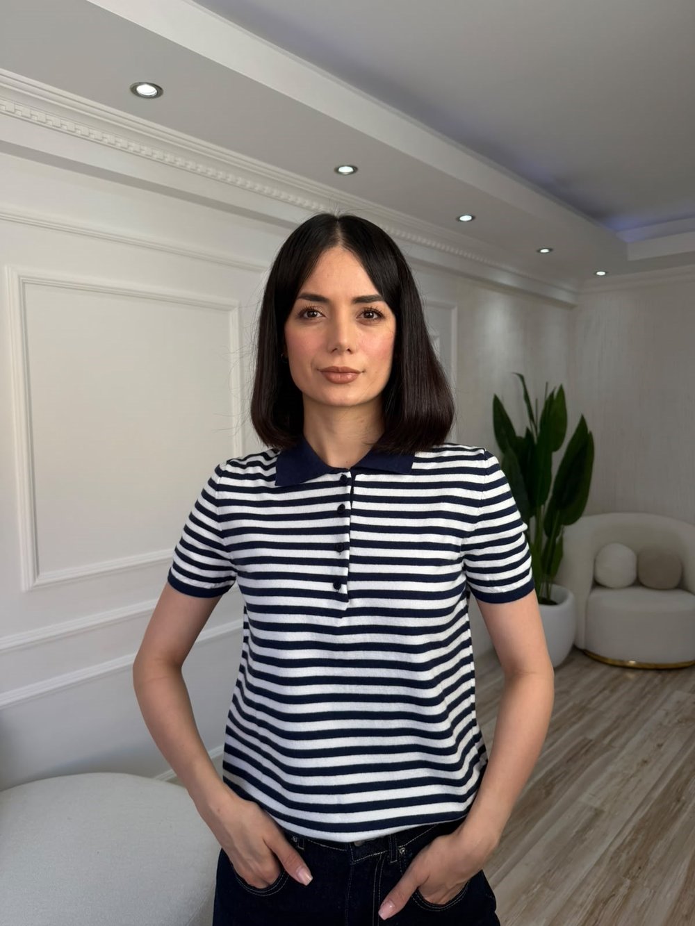 Polo Yaka Düğmeli Çizgili Kısa Kol Triko Kazak - LACİ