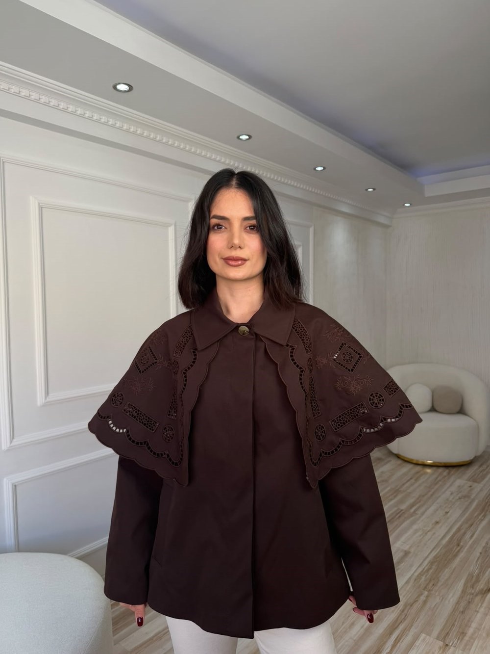 26-2KB0244 - 6381 HAYAL PELERİNLİ TRENÇ KABAN - KAHVE
