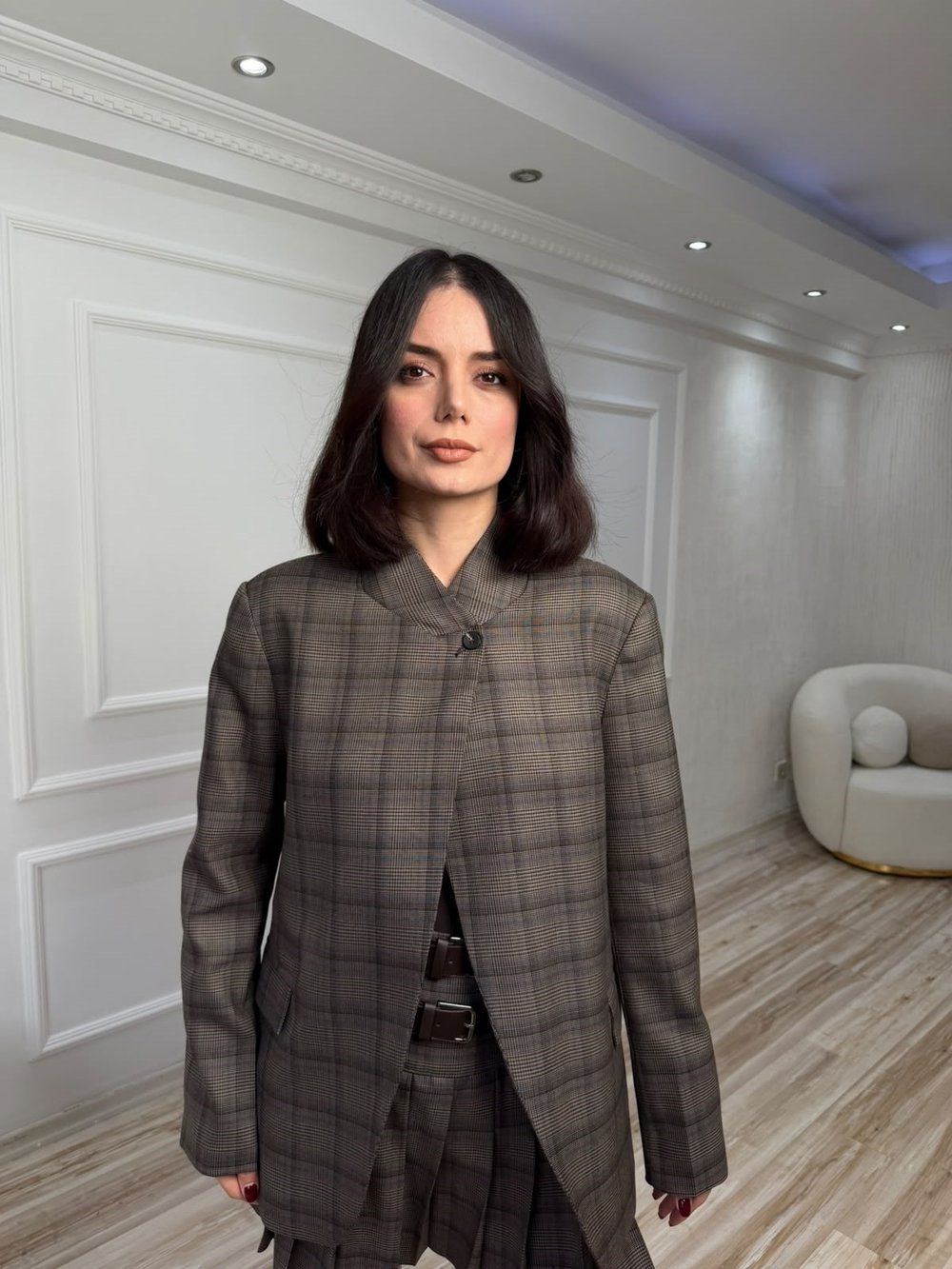 Ekose Desenli Blazer Ceket - BEJ