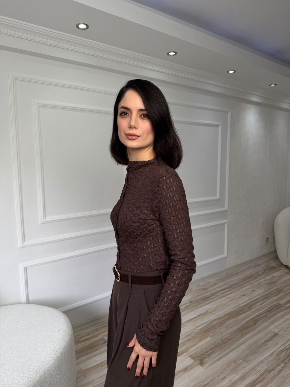Ajurlu Dokulu Düğmeli Örme Hırka - KAHVE
