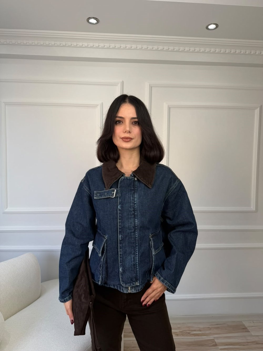 Kadife Yaka Detaylı Denim Ceket - MAVİ