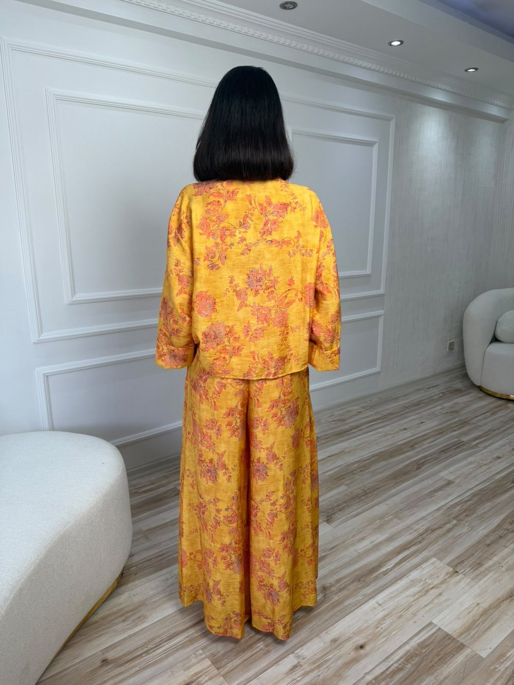 Çiçek Desenli Kimono Ceket Geniş Paça Pantolon Takım - TURUNCU
