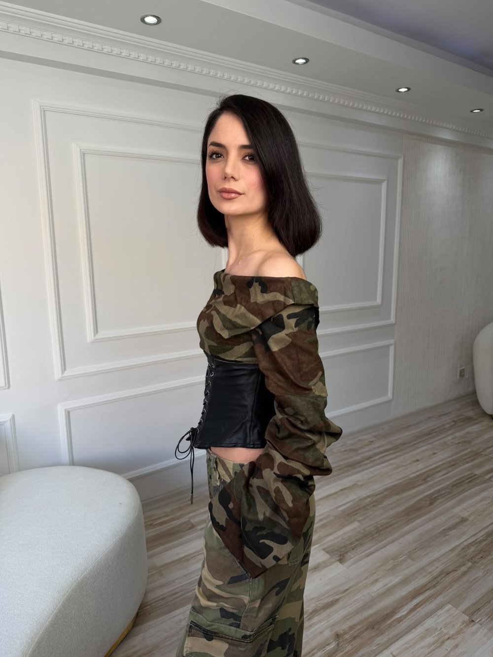 Kamuflaj Desenli Korsaj Detaylı Crop - SİYAH - LEOPAR