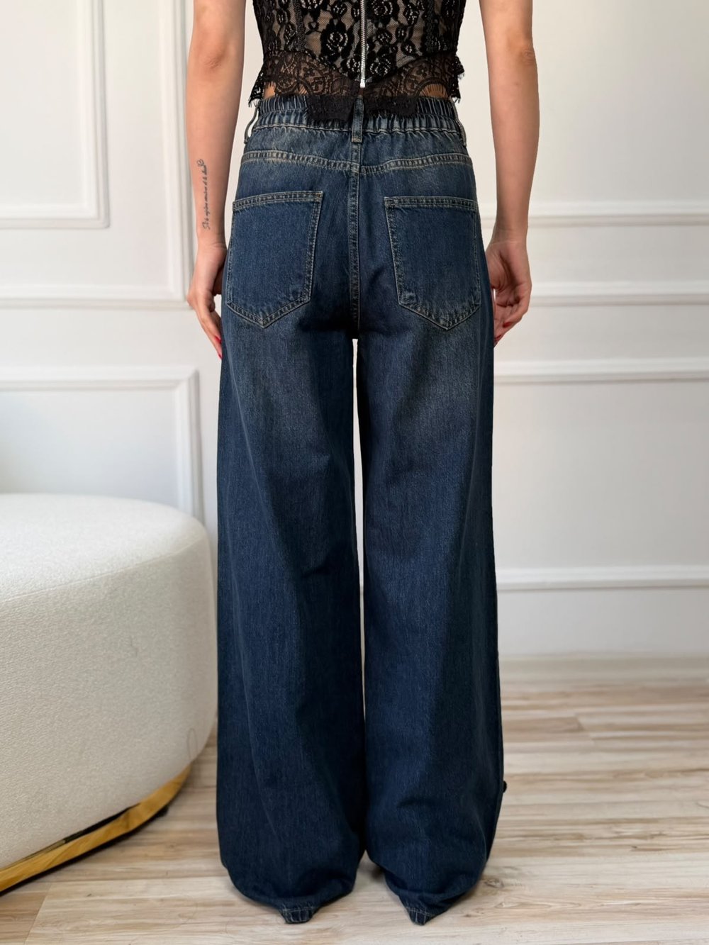Kontrast Şerit Detaylı Geniş Paça Denim Pantolon - TINT