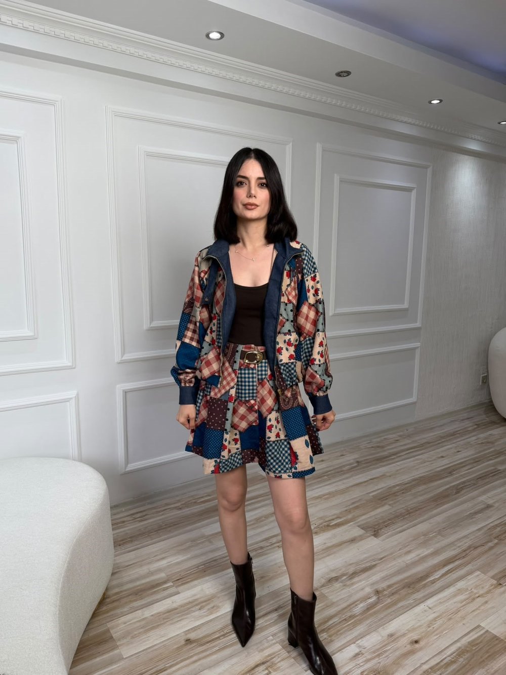 Patchwork Desenli Mini Etek - İNDİGO