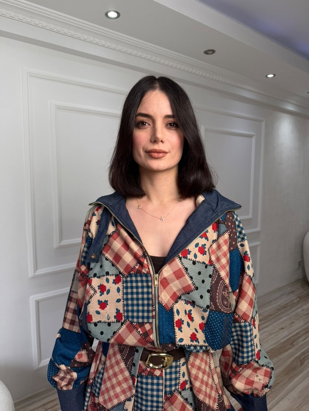 Patchwork Desenli Dik Yaka Bomber Ceket - İNDİGO